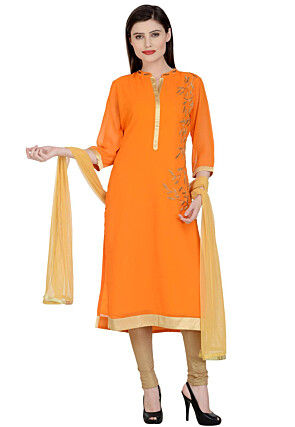 Hand Embroidered Georgette Straight Suit in Orange