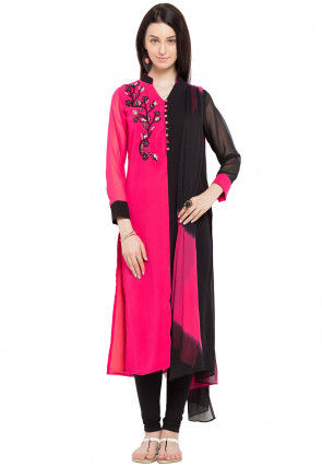 Hand Embroidered Georgette Straight Suit in Pink