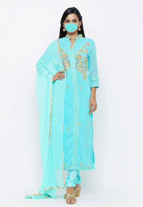 Hand Embroidered Georgette Straight Suit in Turquoise