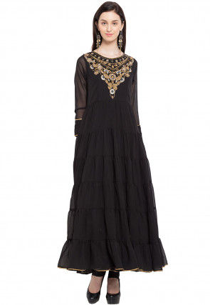 Hand Embroidered Georgette Tiered Kurta Set in Black