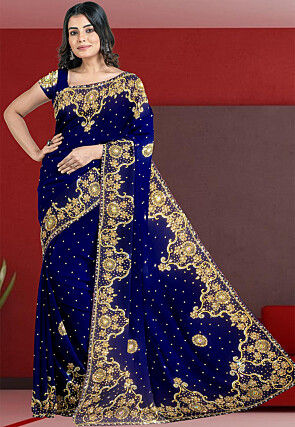 Hand Embroidered Georgette Woven Saree in Navy Blue
