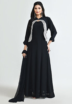 Hand Embroidered Gerorgette Abaya Style Suit in Black