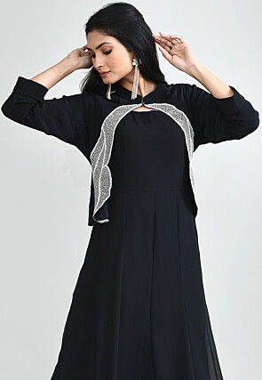 Hand Embroidered Gerorgette Abaya Style Suit in Black