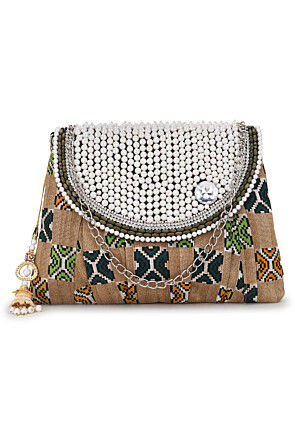 Hand Embroidered Jute Clutch Bag in Beige