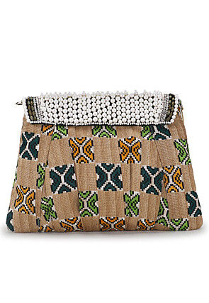 Hand Embroidered Jute Clutch Bag in Beige