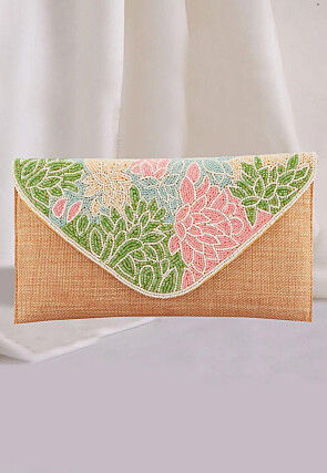 Hand Embroidered Jute Flap Clutch Bag in Beige