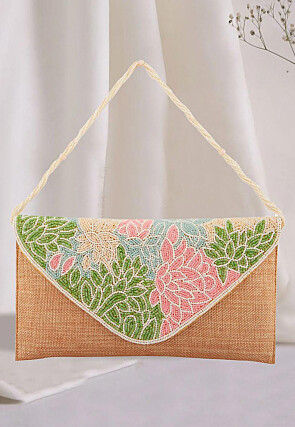 Hand Embroidered Jute Flap Clutch Bag in Beige