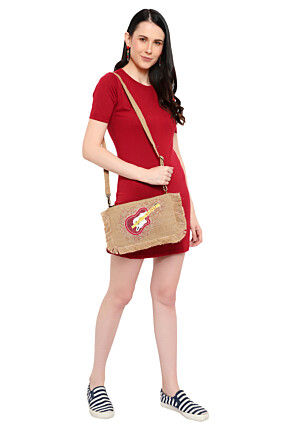 Hand Embroidered Jute Sling Bag in Beige