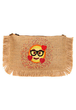 Hand Embroidered Jute Sling Bag in Beige