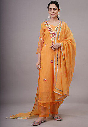 Hand Embroidered Kota Doria Pakistani Suit in Orange