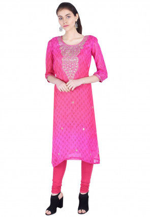 Solid Color Rayon Cotton Front Slit Kurta in Fuchsia