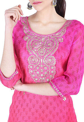 Hand Embroidered Kota Silk Straight Kurta in Pink Ombre