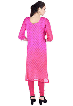 Hand Embroidered Kota Silk Straight Kurta in Pink Ombre