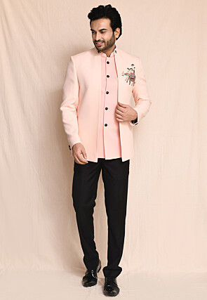 Hand Embroidered Leather Bandhgala in Peach