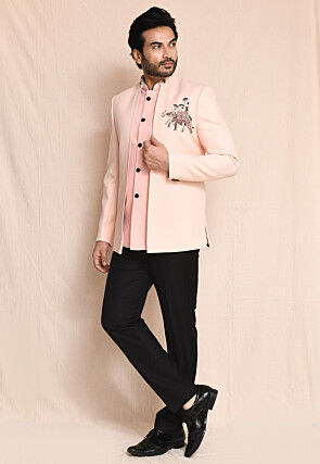 Hand Embroidered Leather Bandhgala in Peach