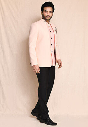 Hand Embroidered Leather Bandhgala in Peach