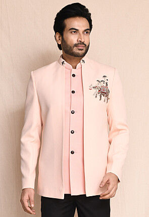 Hand Embroidered Leather Bandhgala in Peach