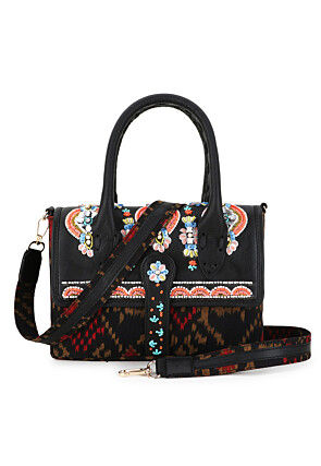 Hand Embroidered Leather Hand Bag in Black