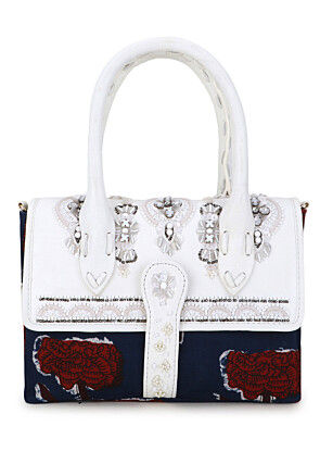 Hand Embroidered Leather Hand Bag in White and Navy Blue