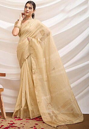 Hand Embroidered Linen Silk Saree in Beige