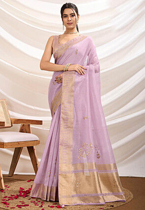 Hand Embroidered Linen Silk Saree in Purple