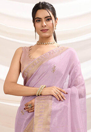 Hand Embroidered Linen Silk Saree in Purple