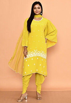 Hand Embroidered Lycra Punjabi Suit in Yellow