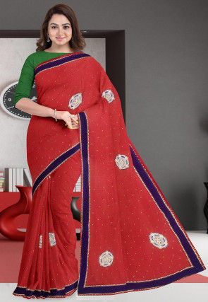 Hand Embroidered Lycra Saree in Red