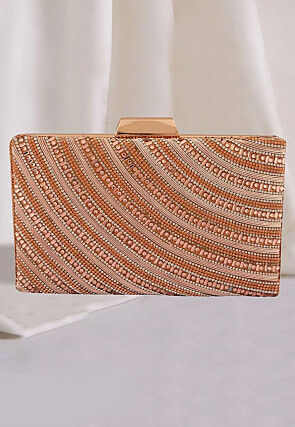 Hand Embroidered Metal Rectangular Clutch Bag in Rose Gold