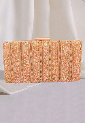 Hand Embroidered Metal Rectangular Clutch Bag in Rose Gold