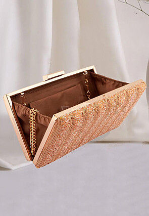 Hand Embroidered Metal Rectangular Clutch Bag in Rose Gold