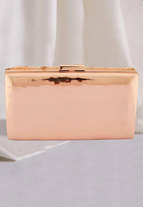 Hand Embroidered Metal Rectangular Clutch Bag in Rose Gold