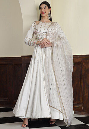 Hand Embroidered Modal Silk Abaya Style Suit in Off White