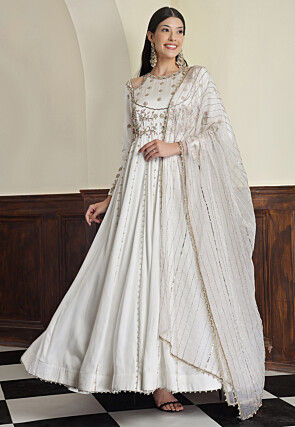 Hand Embroidered Modal Silk Abaya Style Suit in Off White