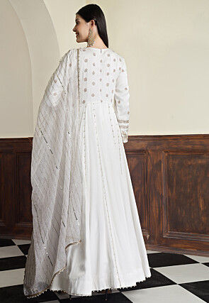 Hand Embroidered Modal Silk Abaya Style Suit in Off White