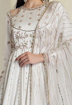 Hand Embroidered Modal Silk Abaya Style Suit in Off White