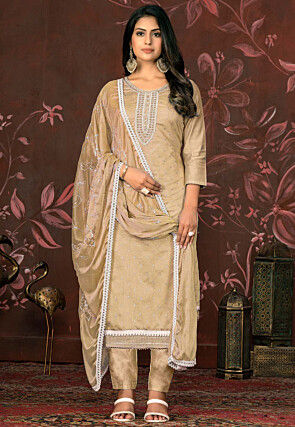 Hand Embroidered Modal Silk Jacquard Pakistani Suit in Beige