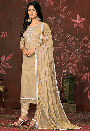 Hand Embroidered Modal Silk Jacquard Pakistani Suit in Beige
