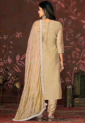 Hand Embroidered Modal Silk Jacquard Pakistani Suit in Beige