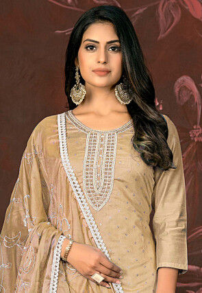 Hand Embroidered Modal Silk Jacquard Pakistani Suit in Beige