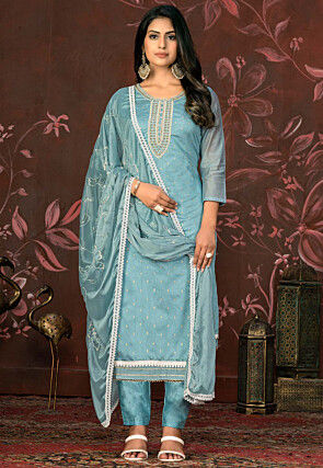 Hand Embroidered Modal Silk Jacquard Pakistani Suit in Blue