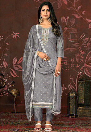 Hand Embroidered Modal Silk Jacquard Pakistani Suit in Grey