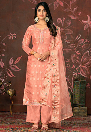 Hand Embroidered Modal Silk Jacquard Pakistani Suit in Peach