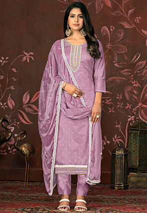 Hand Embroidered Modal Silk Jacquard Pakistani Suit in Purple