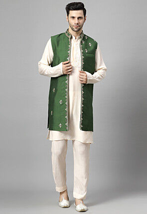 Hand Embroidered Muslin Silk Kurta Set in Off White