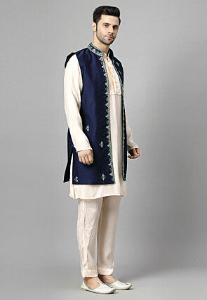 Hand Embroidered Muslin Silk Kurta Set in Off White