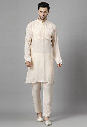 Hand Embroidered Muslin Silk Kurta Set in Off White