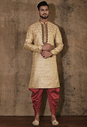 Hand Embroidered Neckline Art Silk Jacquard Kurta Set in Beige