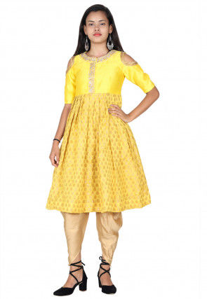 Hand Embroidered Neckline Chanderi Silk Pleated Kurti in Yellow
