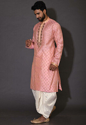 Hand Embroidered Neckline Cotton Silk Dhoti Kurta in Pink